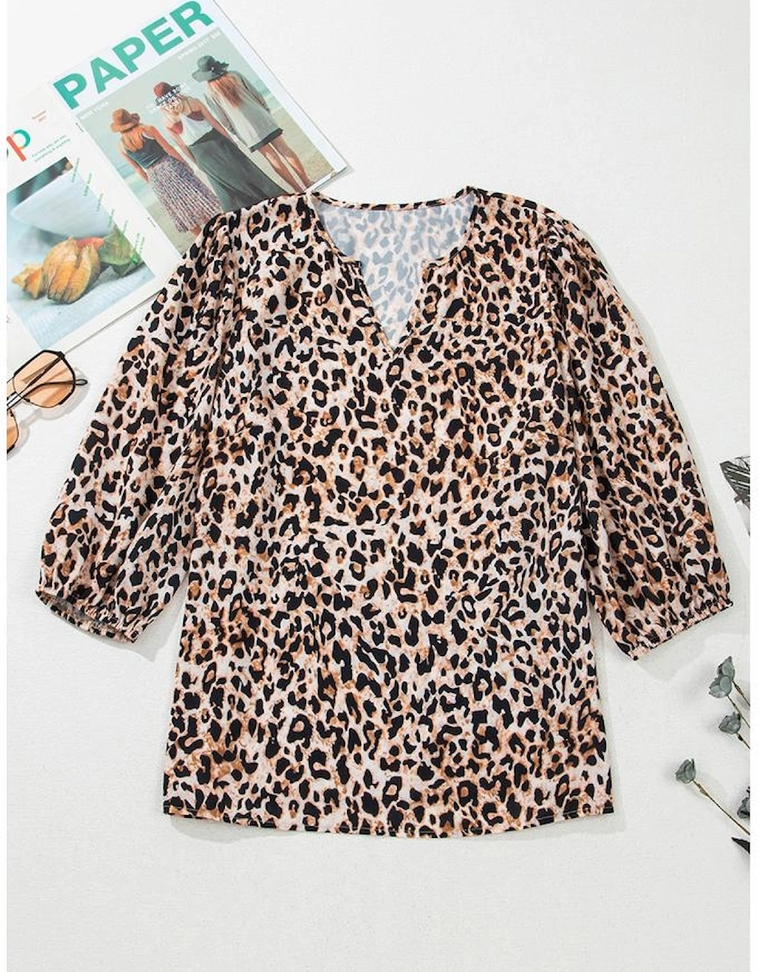 Apricot Leopard V Neck Half Sleeve Blouse