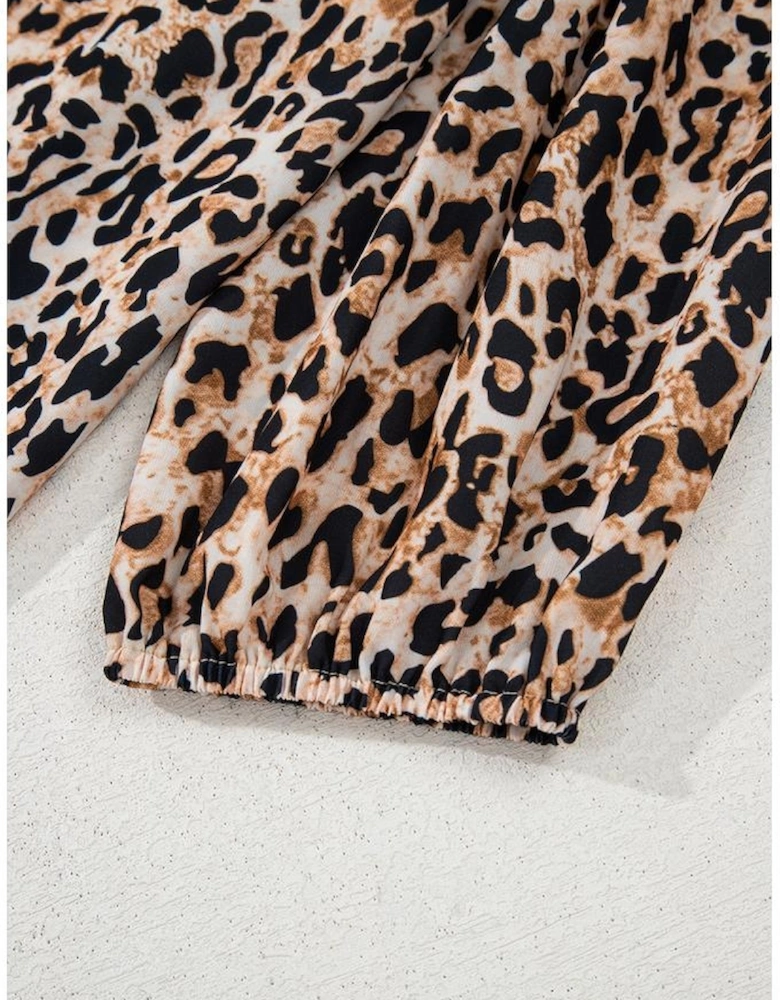 Apricot Leopard V Neck Half Sleeve Blouse