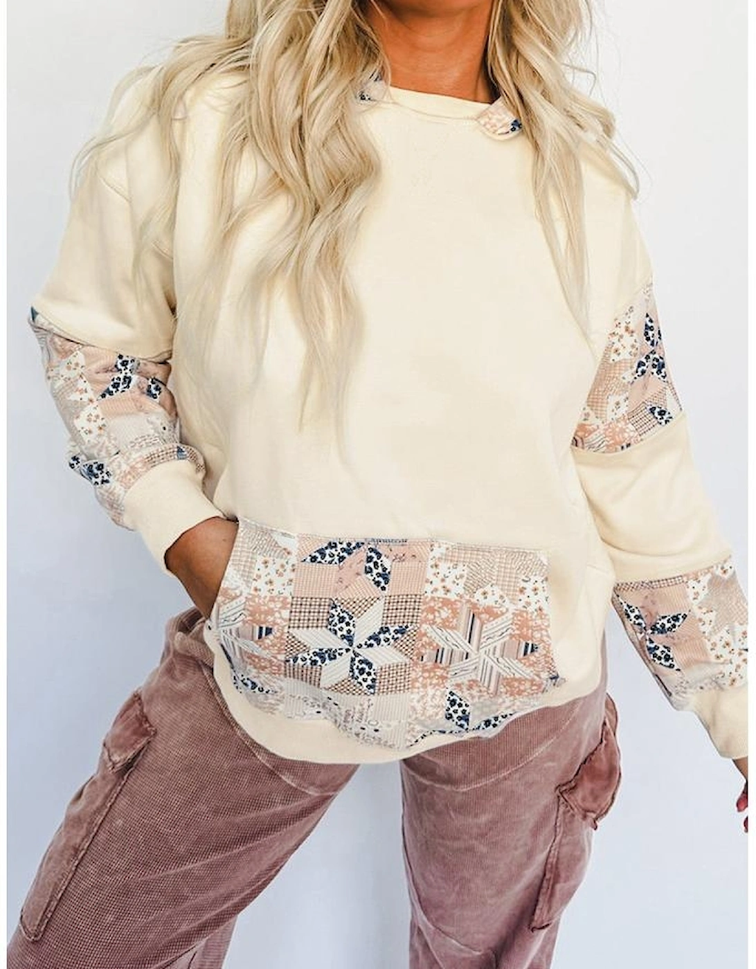 Beige Western Geo Pattern Patchwork Hoodie with Kangaroo Pocket, 13 of 12