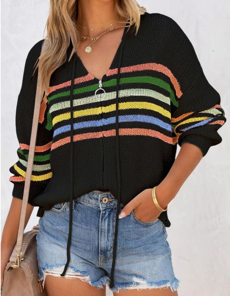 Black Striped Detail Zip Up Hooded Sweater Cardigan