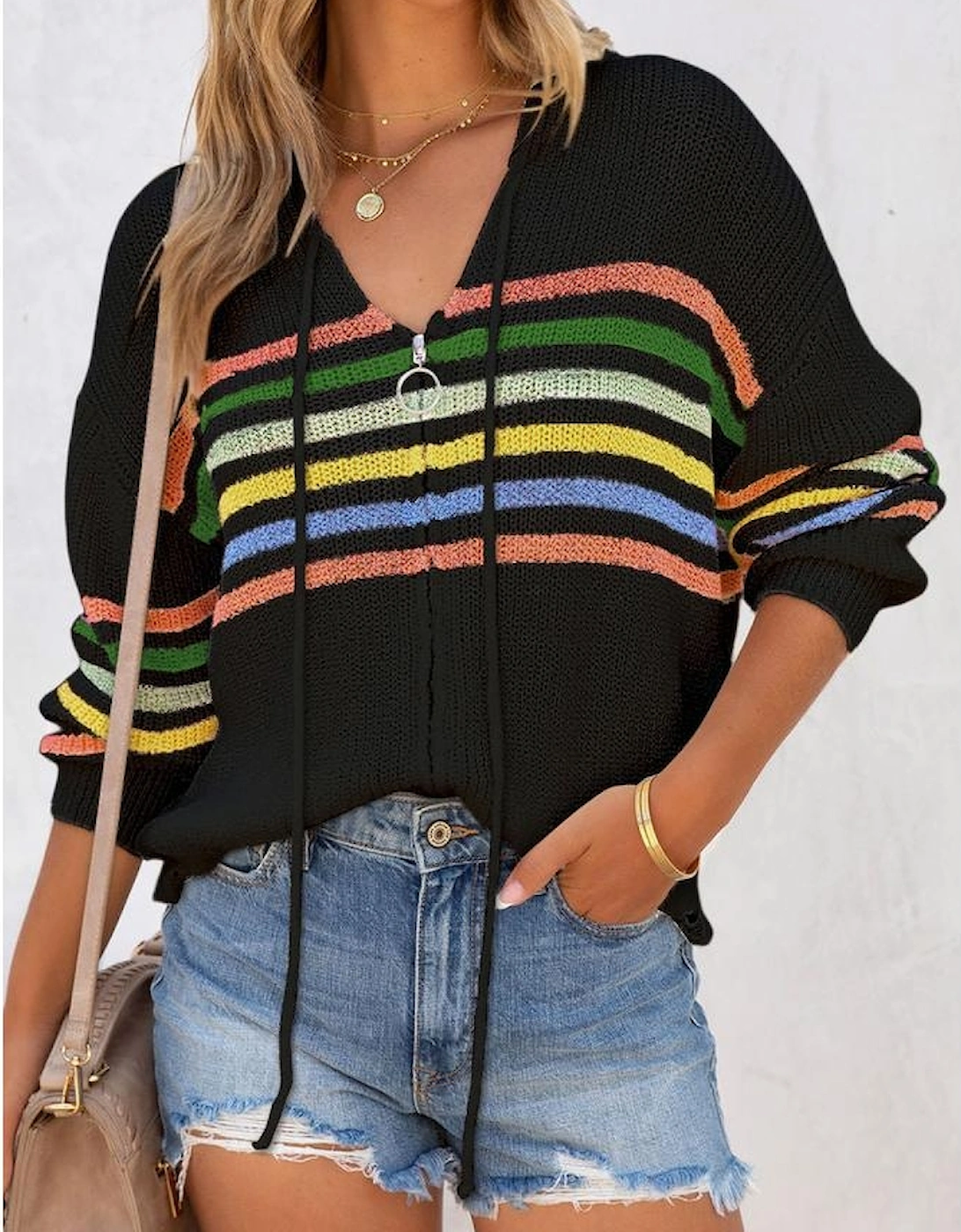 Black Striped Detail Zip Up Hooded Sweater Cardigan