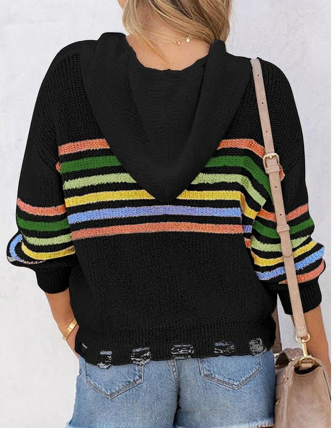 Black Striped Detail Zip Up Hooded Sweater Cardigan