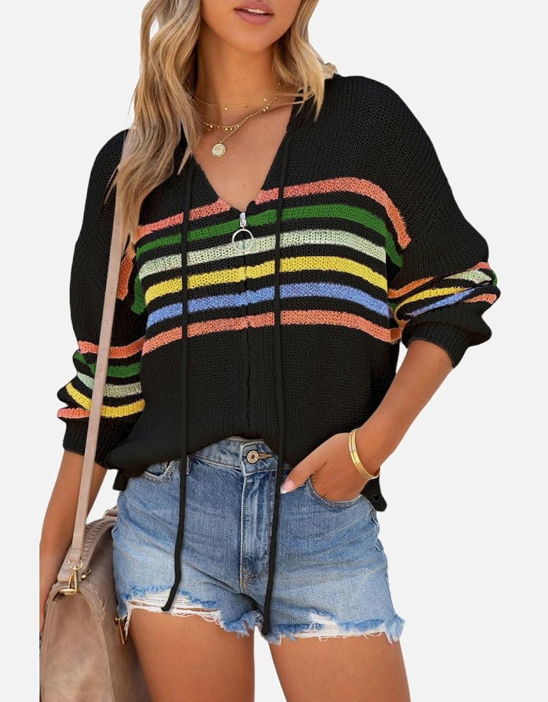 Black Striped Detail Zip Up Hooded Sweater Cardigan