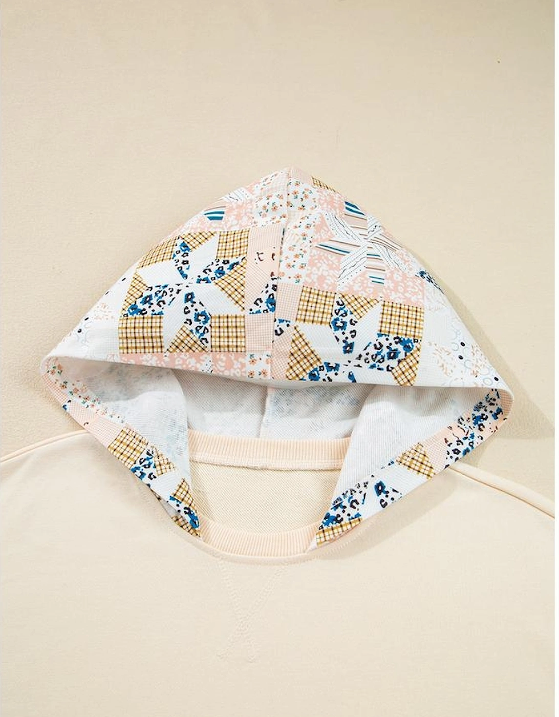 Beige Western Geo Pattern Patchwork Hoodie with Kangaroo Pocket