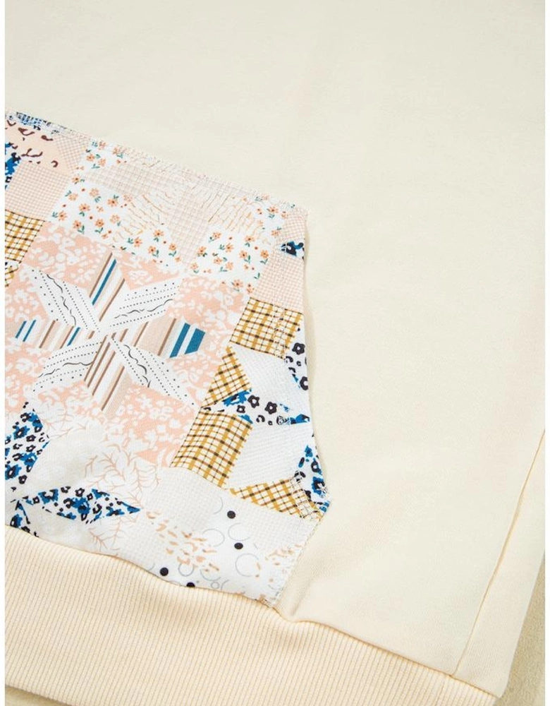 Beige Western Geo Pattern Patchwork Hoodie with Kangaroo Pocket