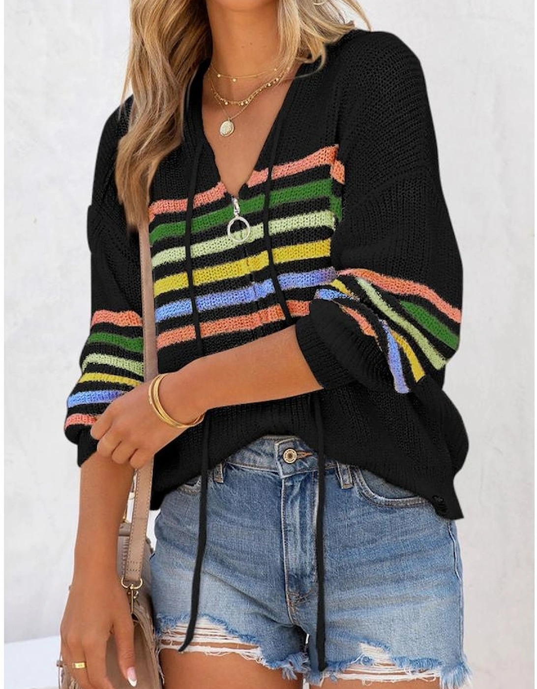 Black Striped Detail Zip Up Hooded Sweater Cardigan