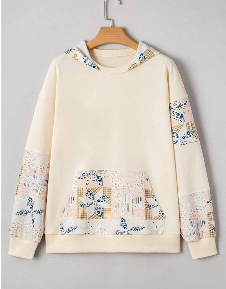 Beige Western Geo Pattern Patchwork Hoodie with Kangaroo Pocket