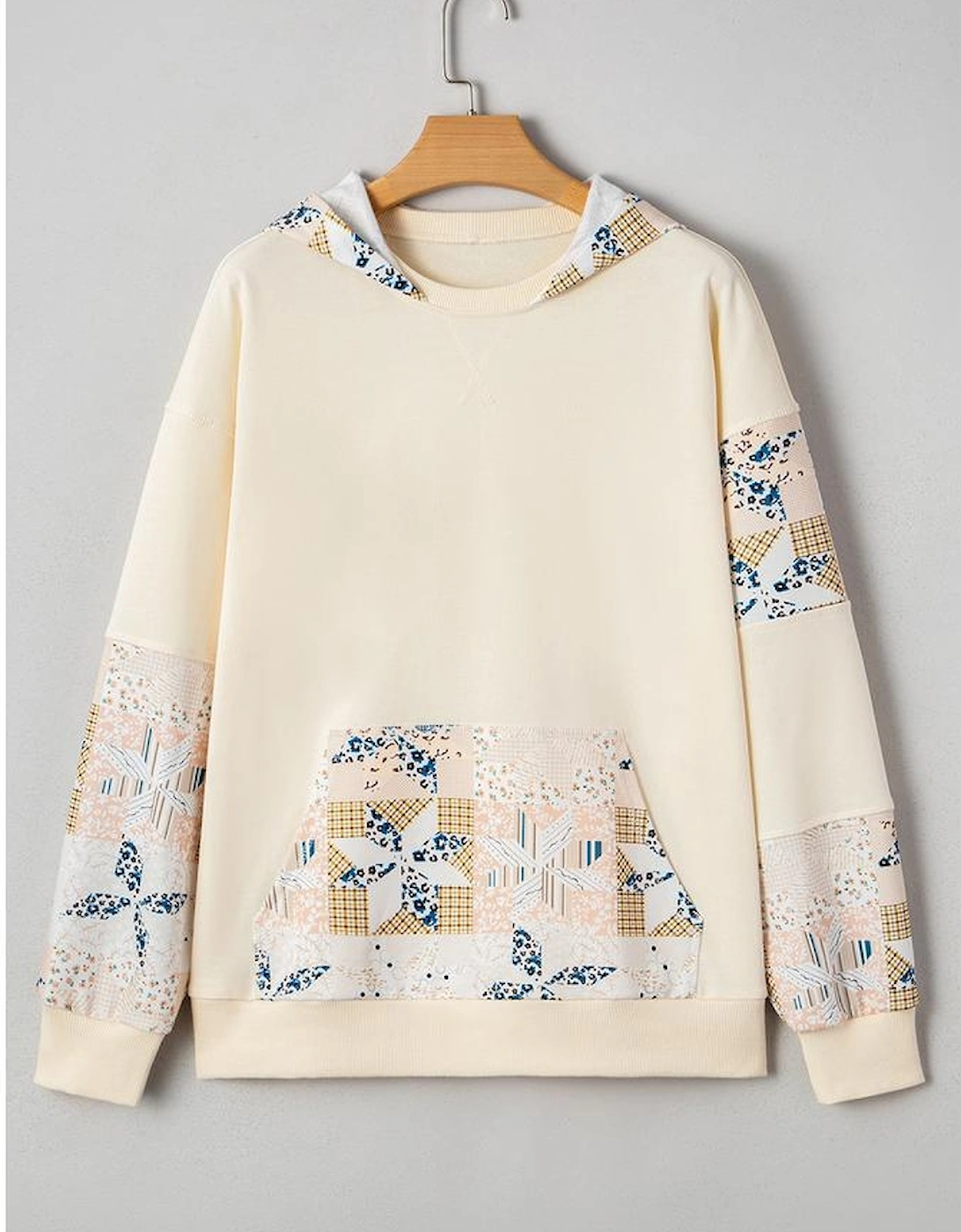 Beige Western Geo Pattern Patchwork Hoodie with Kangaroo Pocket