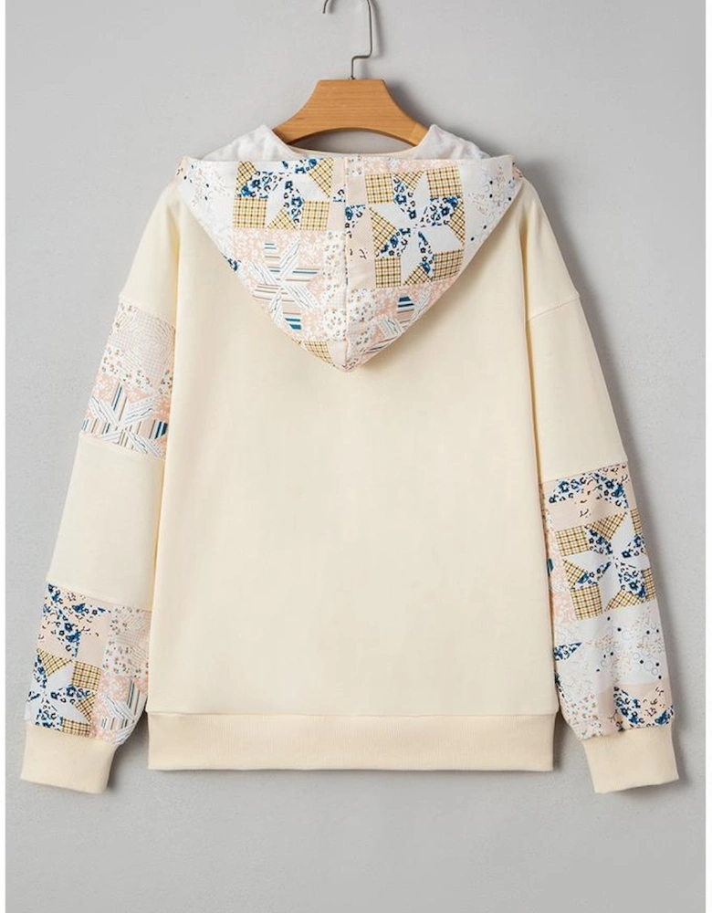 Beige Western Geo Pattern Patchwork Hoodie with Kangaroo Pocket