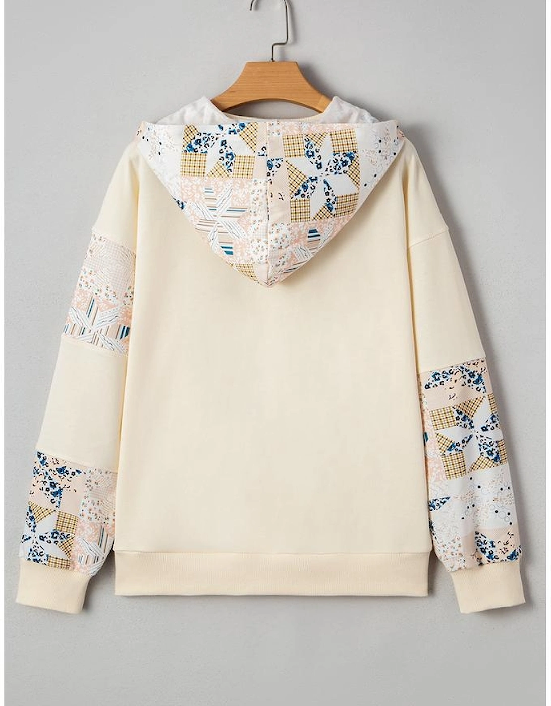 Beige Western Geo Pattern Patchwork Hoodie with Kangaroo Pocket