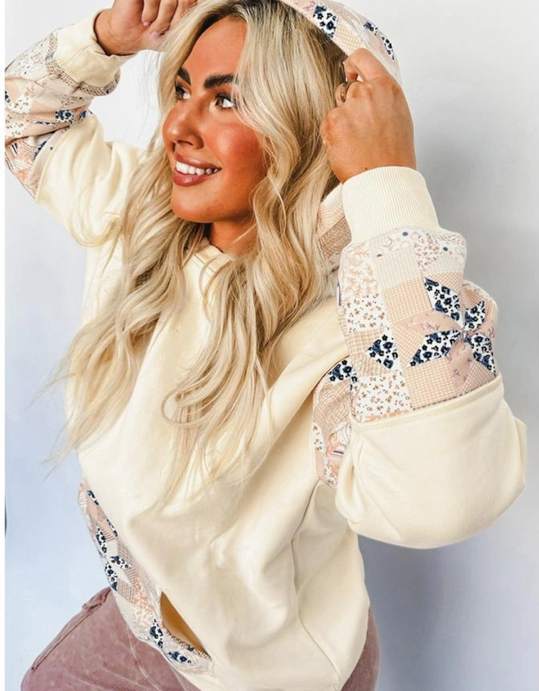 Beige Western Geo Pattern Patchwork Hoodie with Kangaroo Pocket