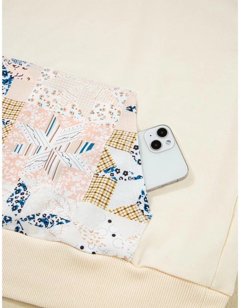 Beige Western Geo Pattern Patchwork Hoodie with Kangaroo Pocket