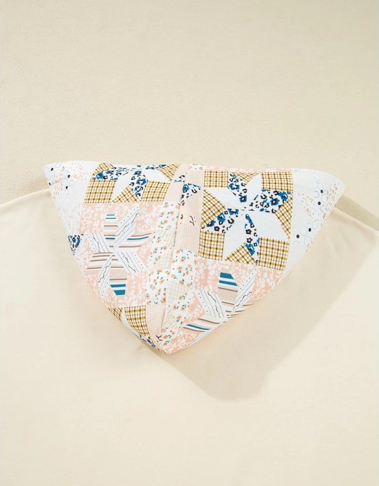 Beige Western Geo Pattern Patchwork Hoodie with Kangaroo Pocket