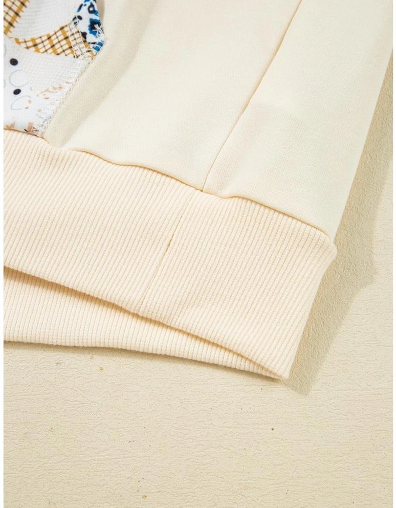 Beige Western Geo Pattern Patchwork Hoodie with Kangaroo Pocket