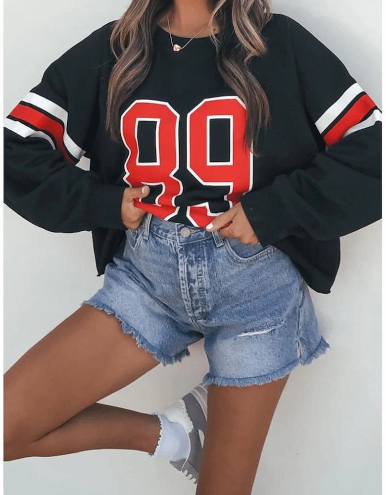 Black Varsity Spirit Striped 89 Graphic Casual Sweatshirt