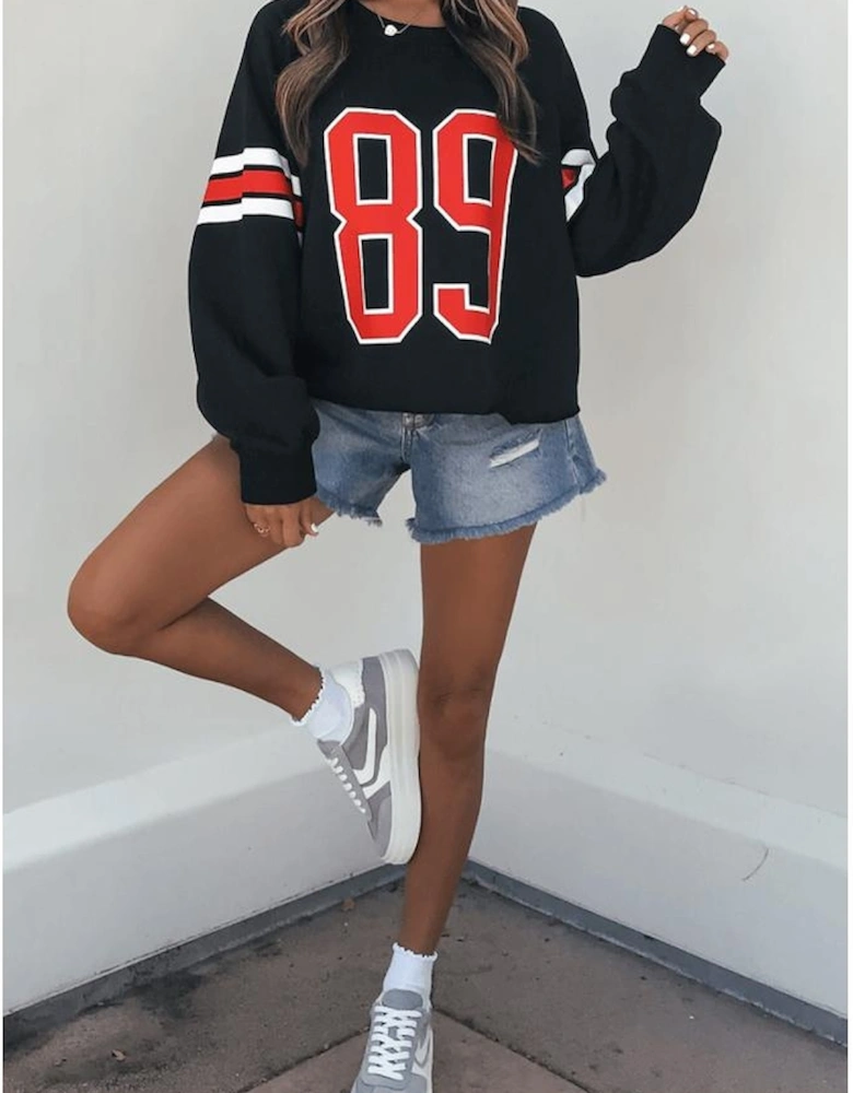 Black Varsity Spirit Striped 89 Graphic Casual Sweatshirt