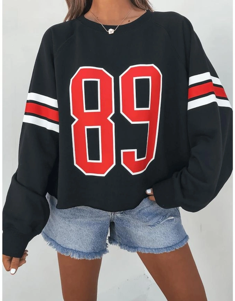 Black Varsity Spirit Striped 89 Graphic Casual Sweatshirt