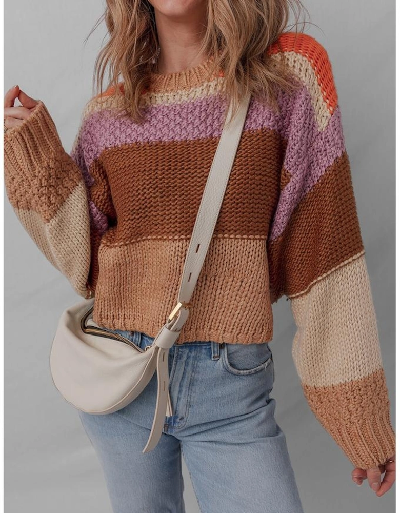 Multicolour Cropped Colorblock Drop Shoulder Knitted Sweater