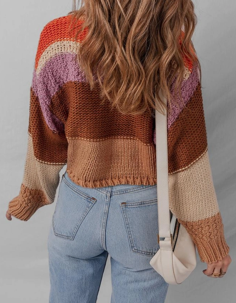 Multicolour Cropped Colorblock Drop Shoulder Knitted Sweater