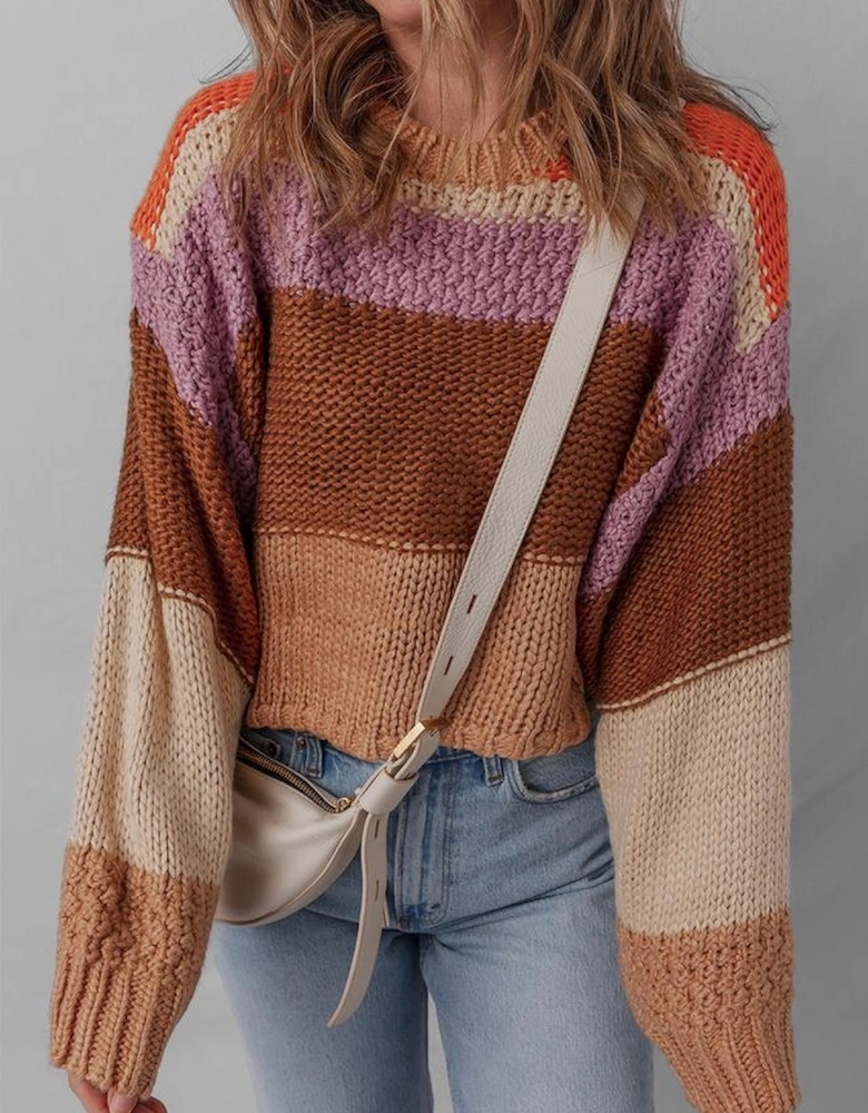 Multicolour Cropped Colorblock Drop Shoulder Knitted Sweater