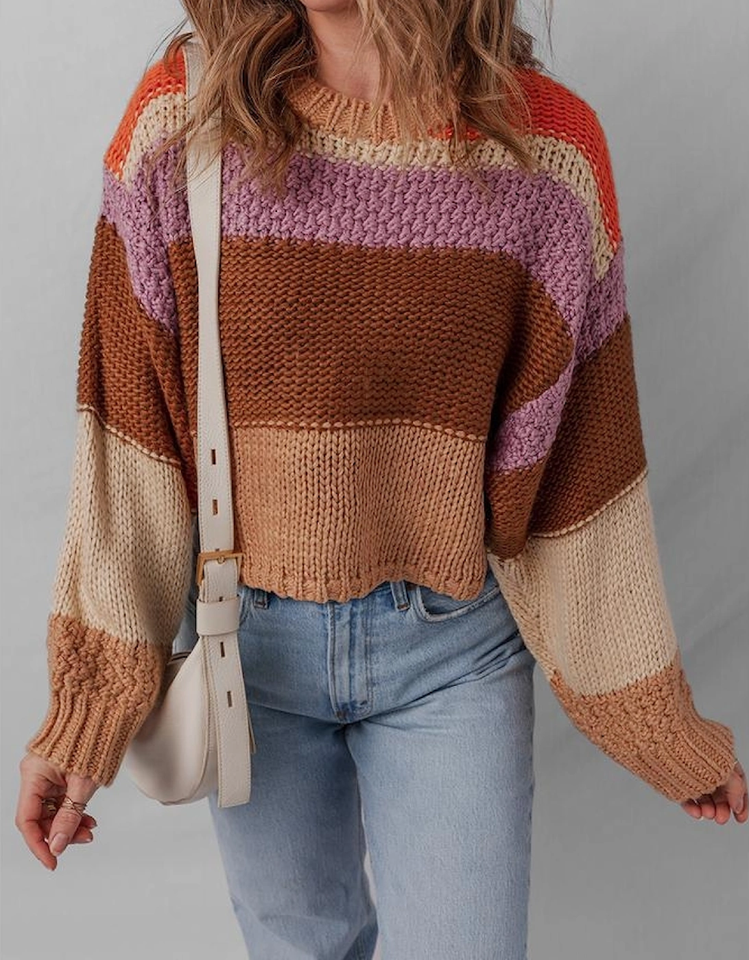 Multicolour Cropped Colorblock Drop Shoulder Knitted Sweater