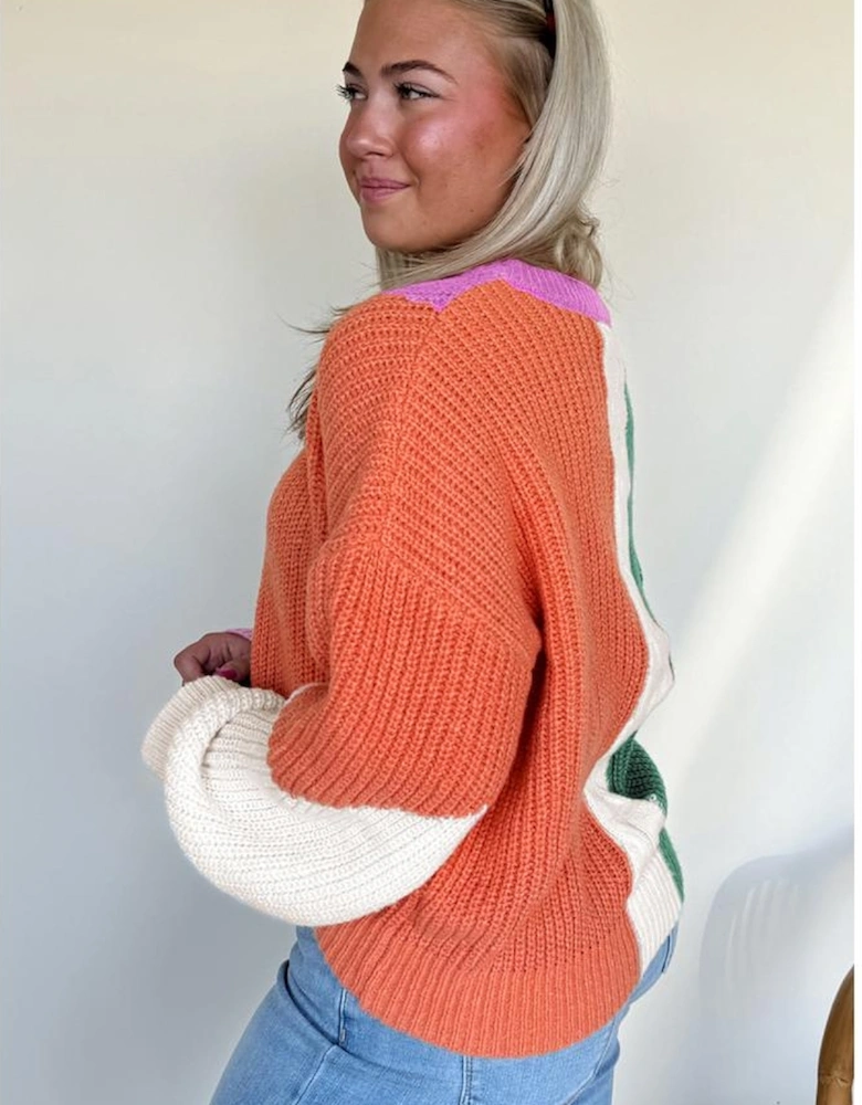 Desert Gold Color Block Textured Knit Drop Shoulder Loose Fit Sweater