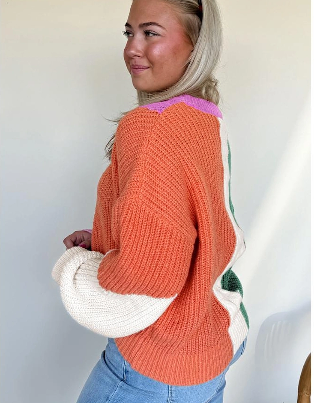 Desert Gold Color Block Textured Knit Drop Shoulder Loose Fit Sweater