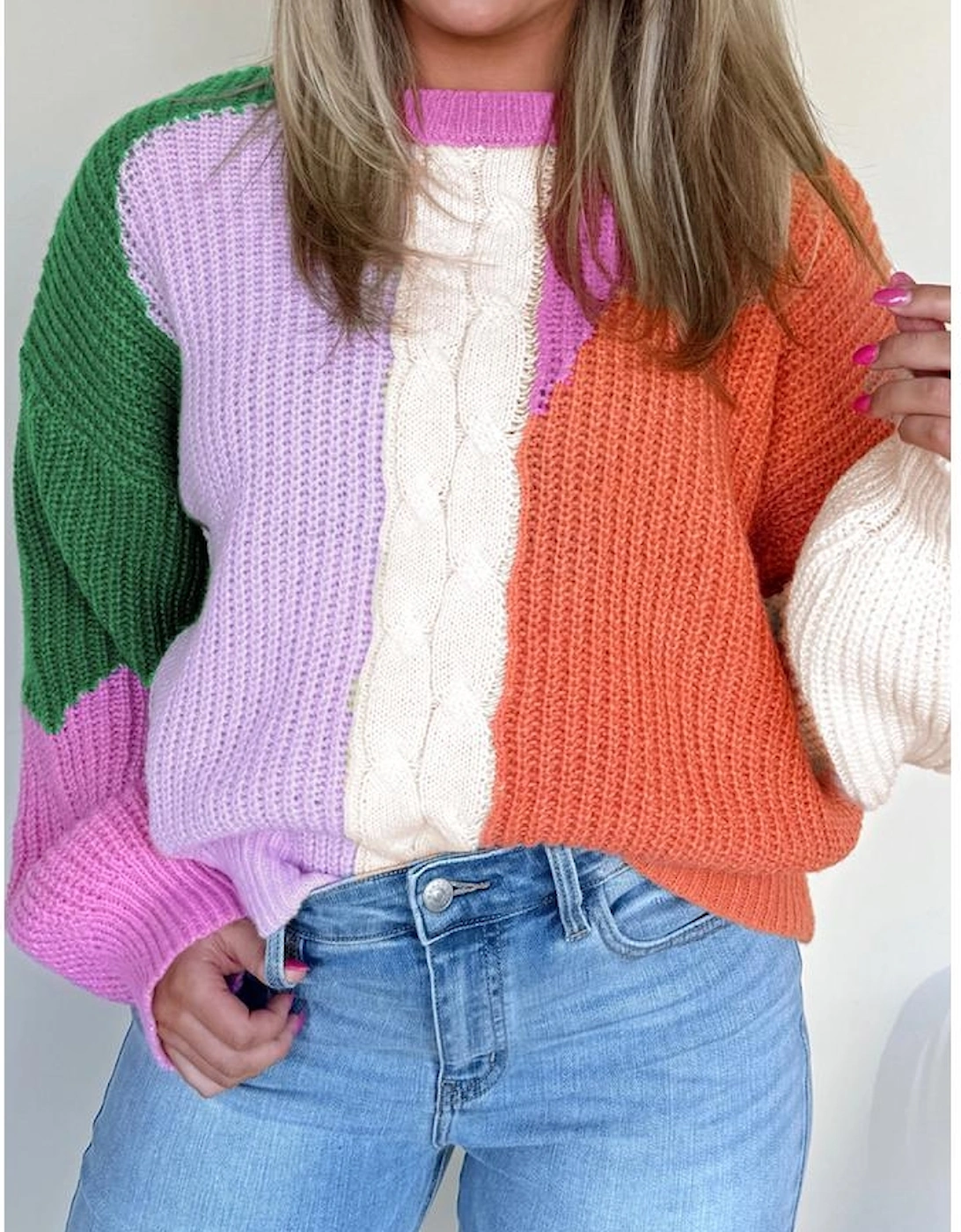 Desert Gold Color Block Textured Knit Drop Shoulder Loose Fit Sweater