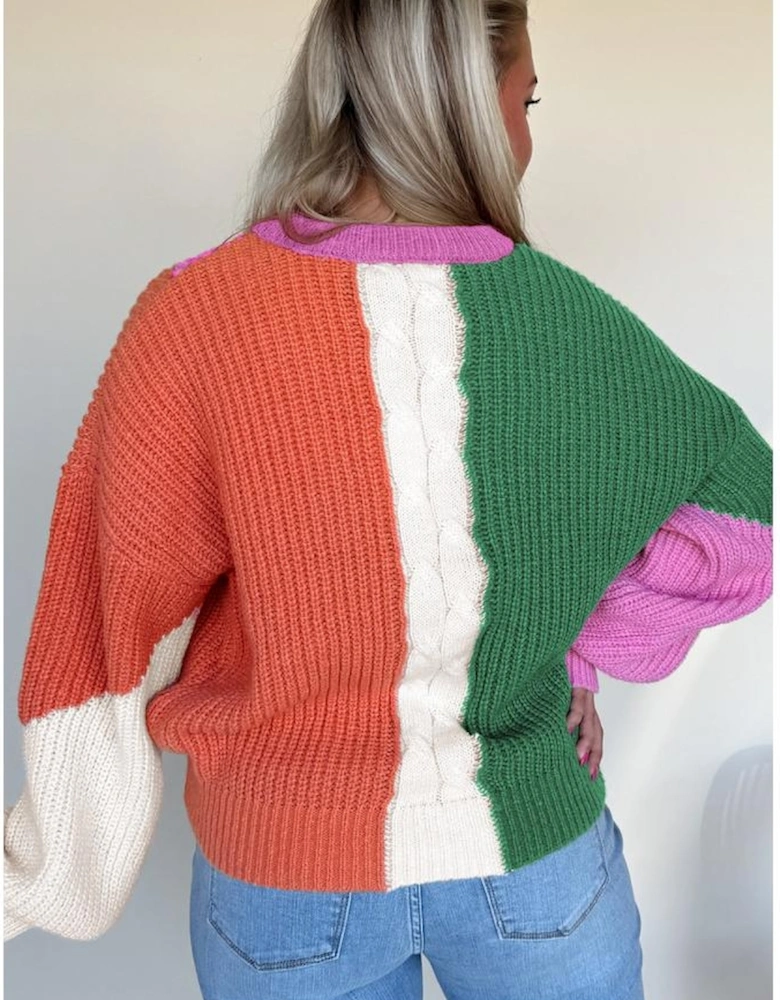 Desert Gold Color Block Textured Knit Drop Shoulder Loose Fit Sweater