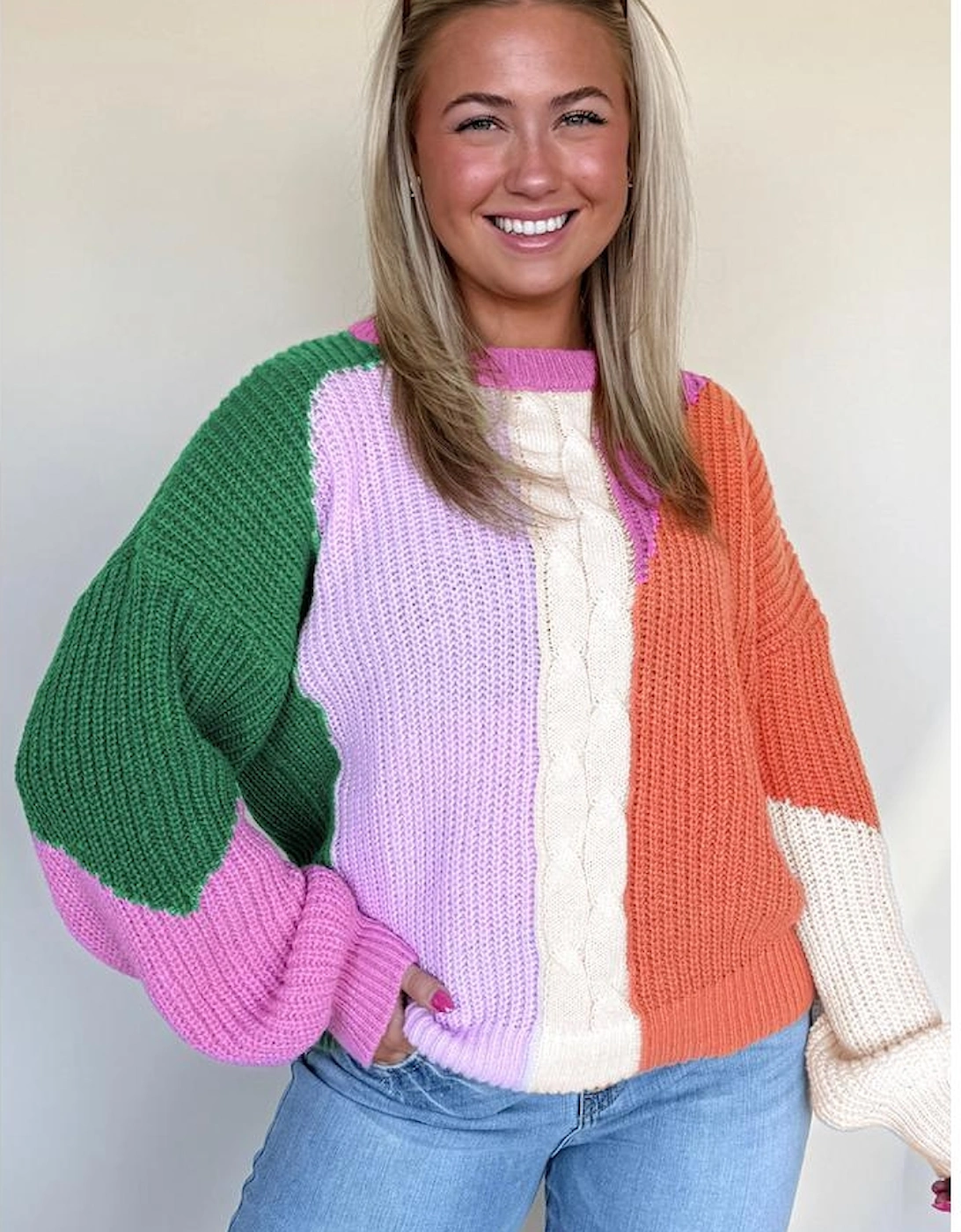 Desert Gold Color Block Textured Knit Drop Shoulder Loose Fit Sweater