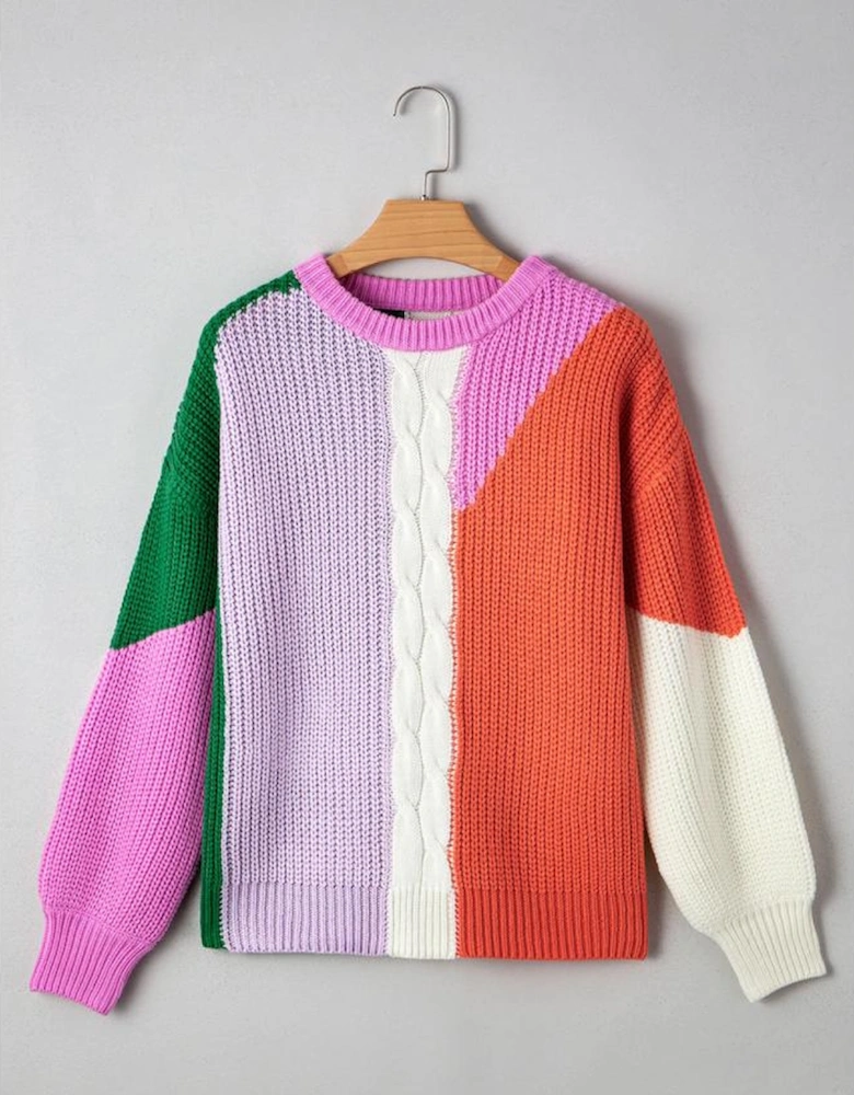 Desert Gold Color Block Textured Knit Drop Shoulder Loose Fit Sweater