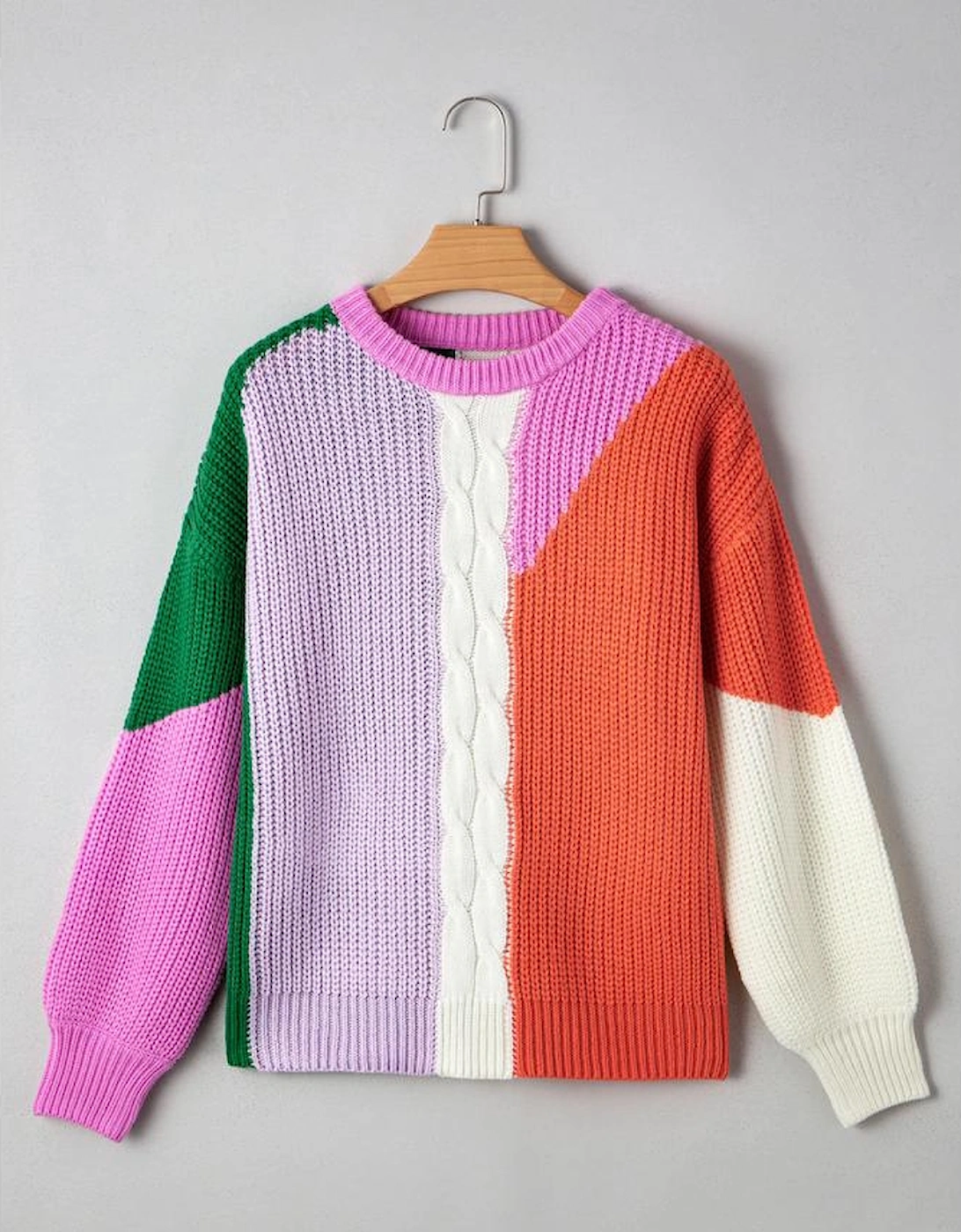 Desert Gold Color Block Textured Knit Drop Shoulder Loose Fit Sweater