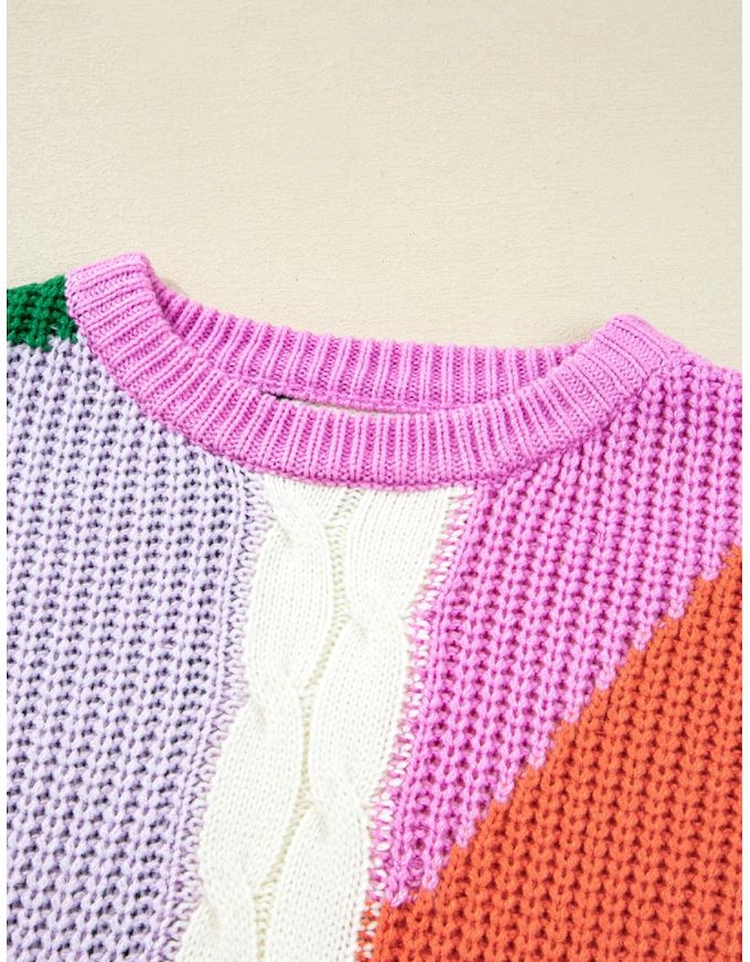 Desert Gold Color Block Textured Knit Drop Shoulder Loose Fit Sweater