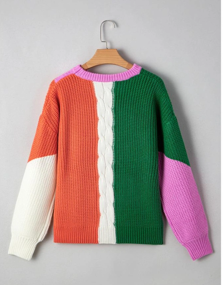 Desert Gold Color Block Textured Knit Drop Shoulder Loose Fit Sweater