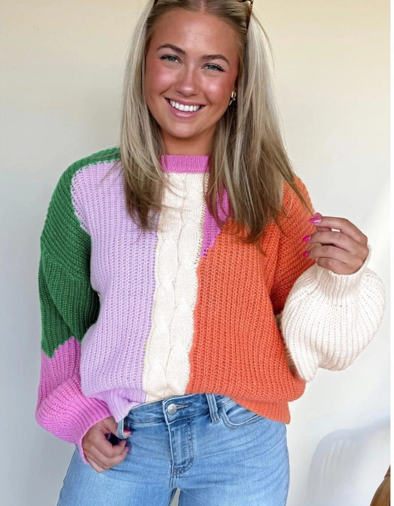 Desert Gold Color Block Textured Knit Drop Shoulder Loose Fit Sweater