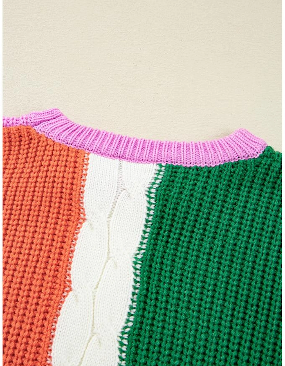 Desert Gold Color Block Textured Knit Drop Shoulder Loose Fit Sweater