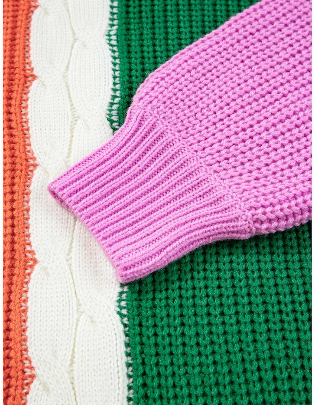 Desert Gold Color Block Textured Knit Drop Shoulder Loose Fit Sweater