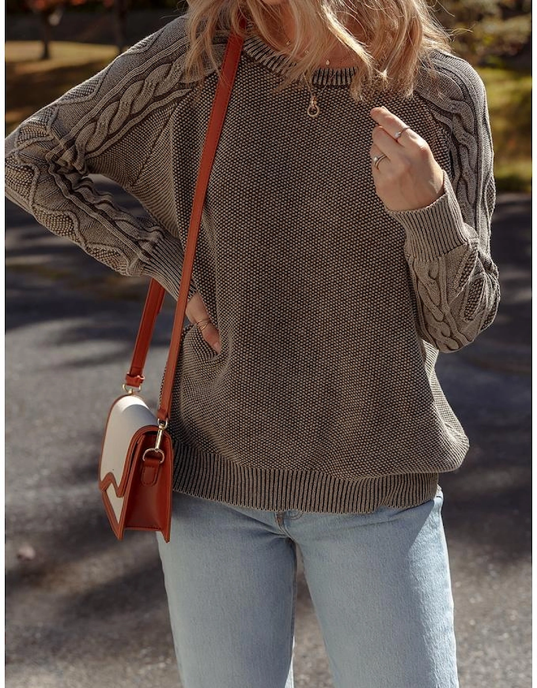 Dark Brown Contrast Cable Knit Sleeve Casual Sweater