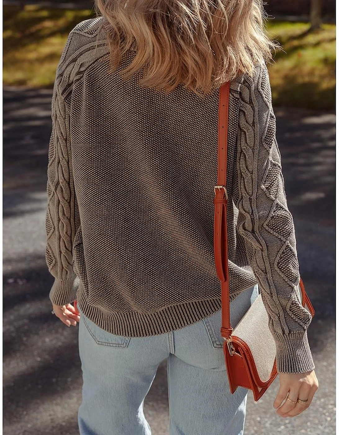 Dark Brown Contrast Cable Knit Sleeve Casual Sweater