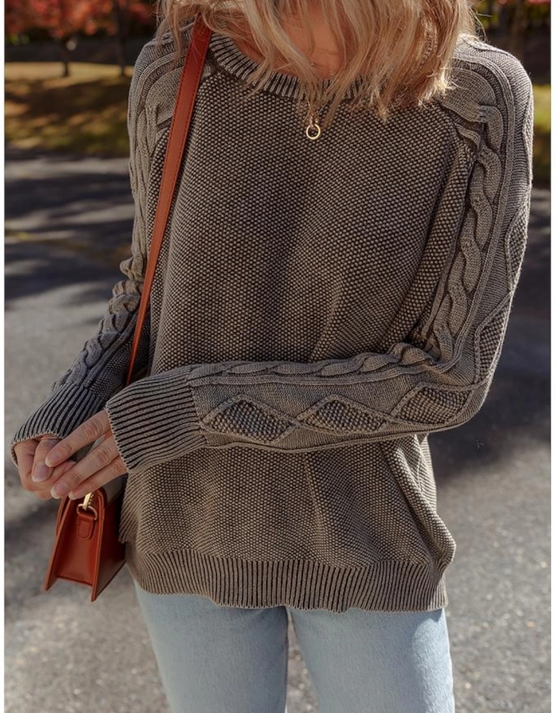Dark Brown Contrast Cable Knit Sleeve Casual Sweater