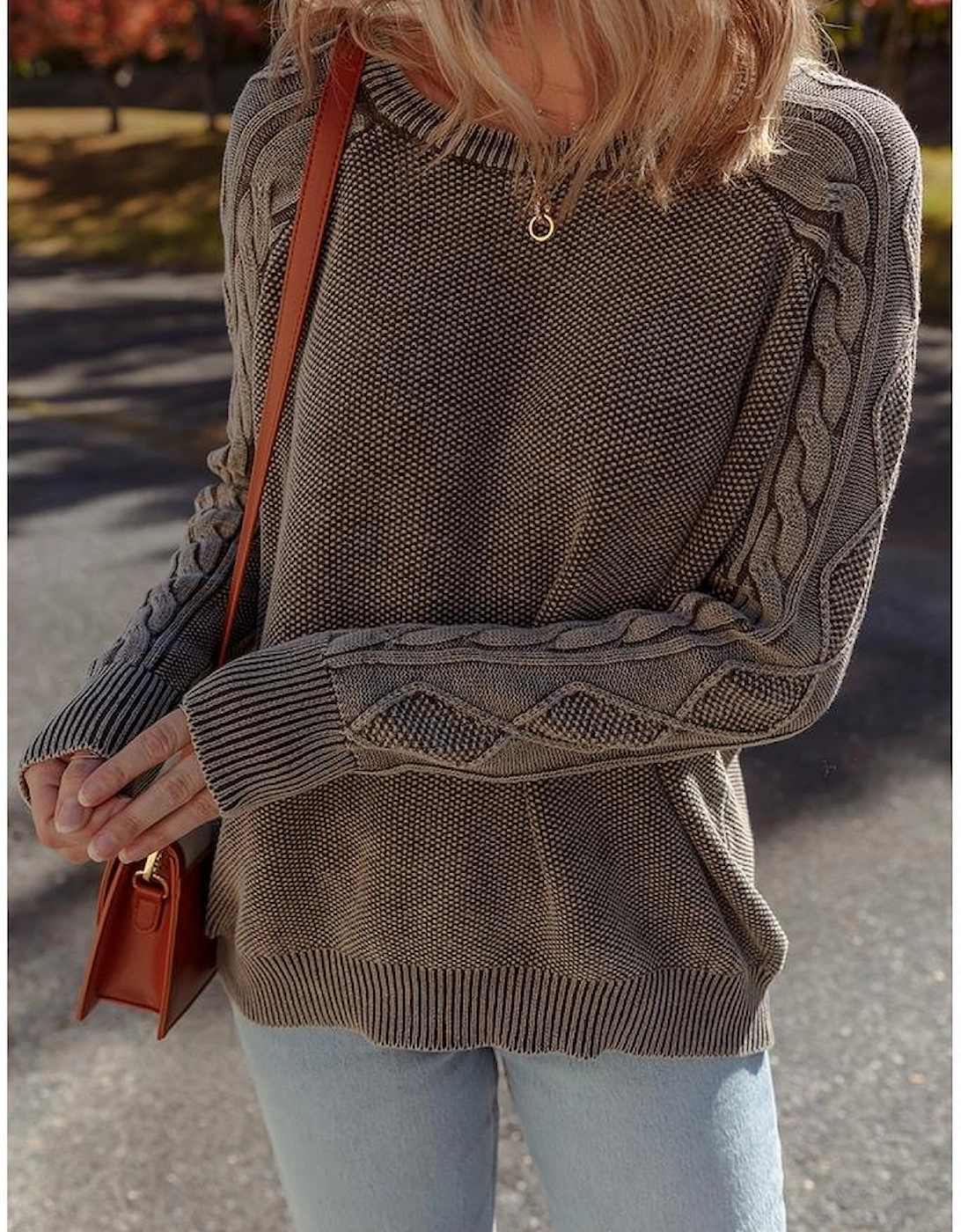 Dark Brown Contrast Cable Knit Sleeve Casual Sweater