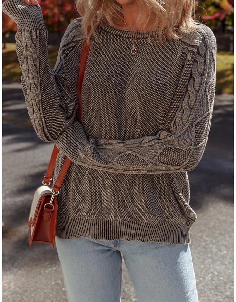 Dark Brown Contrast Cable Knit Sleeve Casual Sweater
