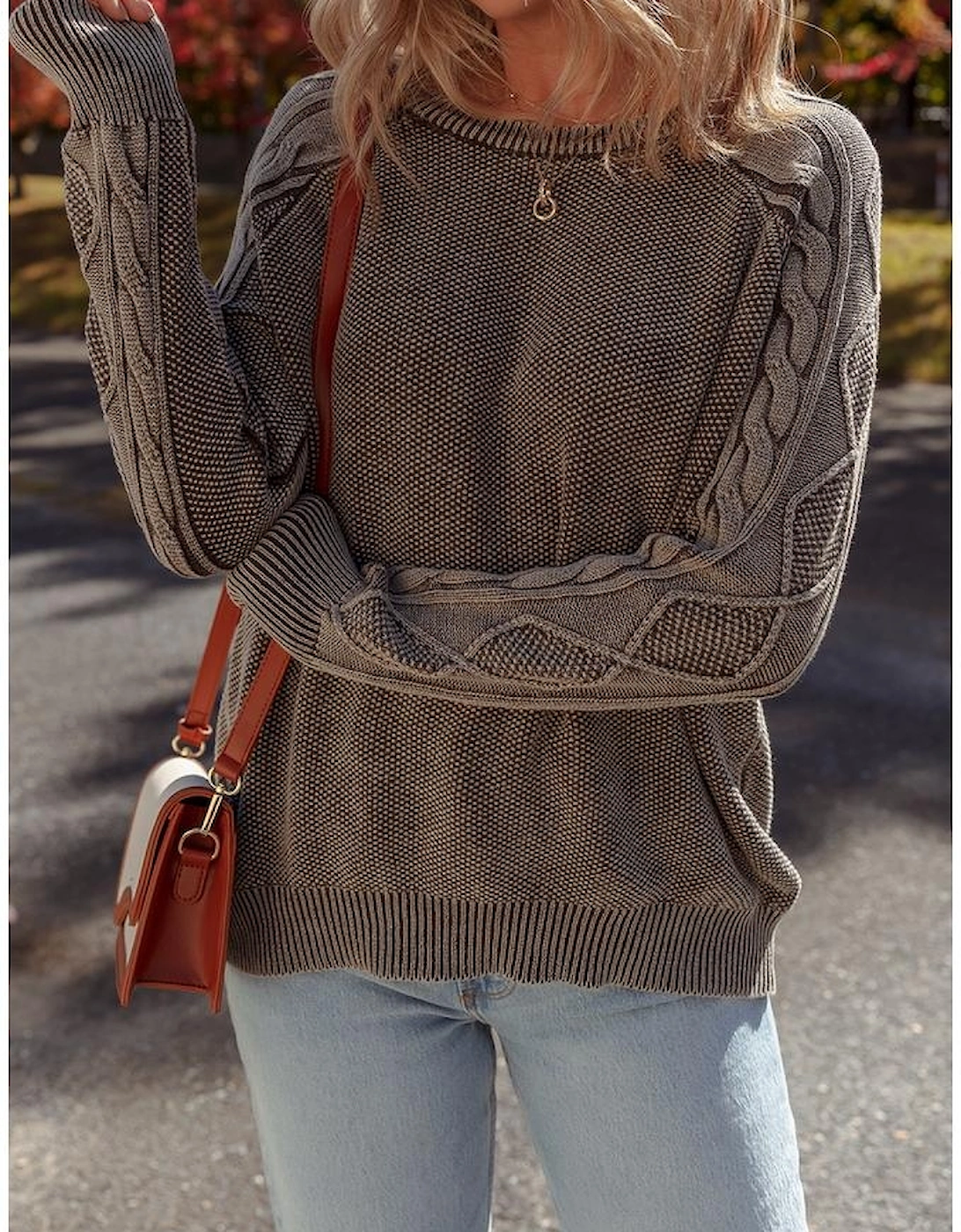 Dark Brown Contrast Cable Knit Sleeve Casual Sweater