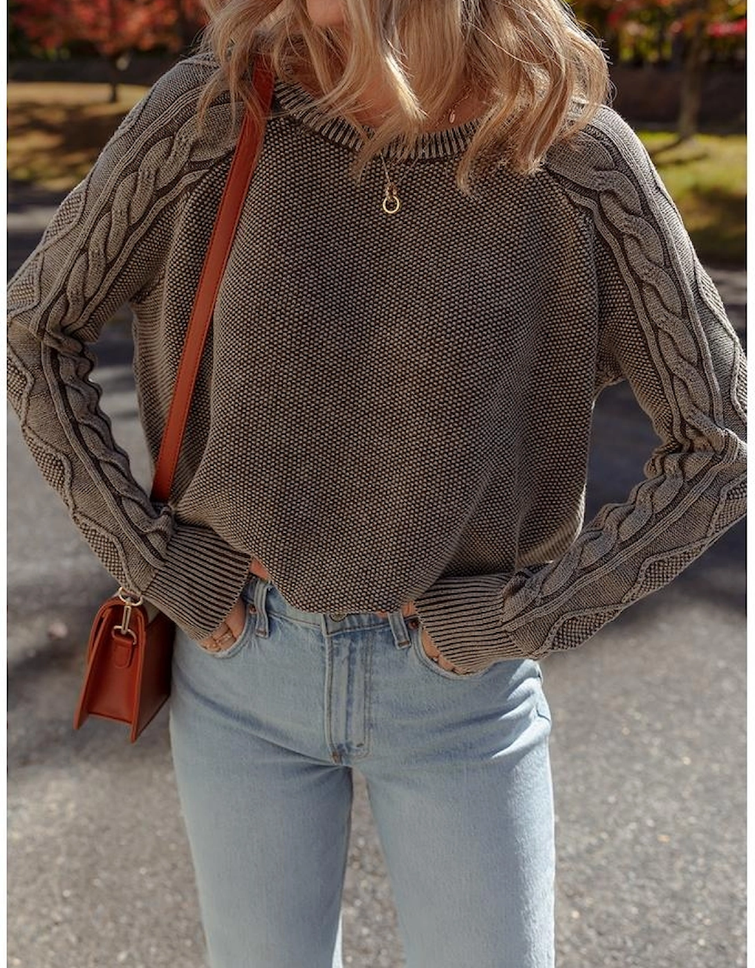 Dark Brown Contrast Cable Knit Sleeve Casual Sweater