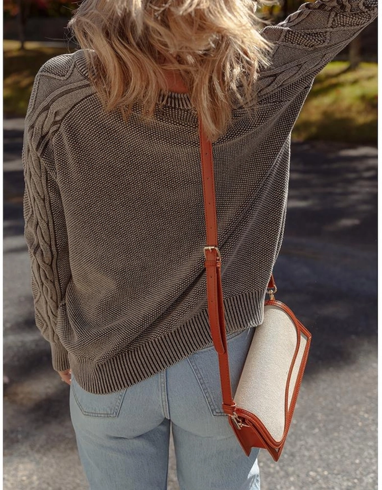 Dark Brown Contrast Cable Knit Sleeve Casual Sweater