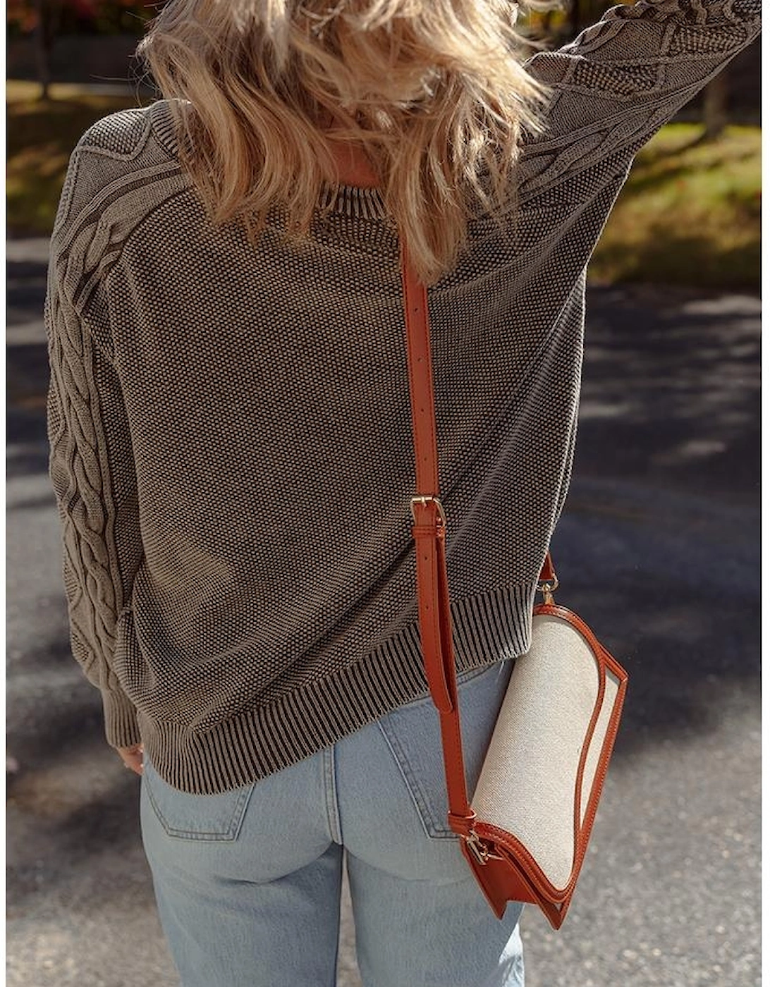 Dark Brown Contrast Cable Knit Sleeve Casual Sweater, 10 of 9