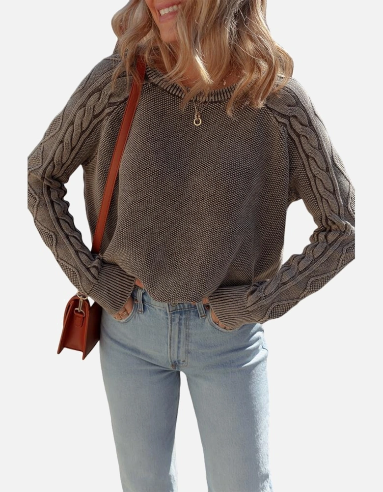 Dark Brown Contrast Cable Knit Sleeve Casual Sweater
