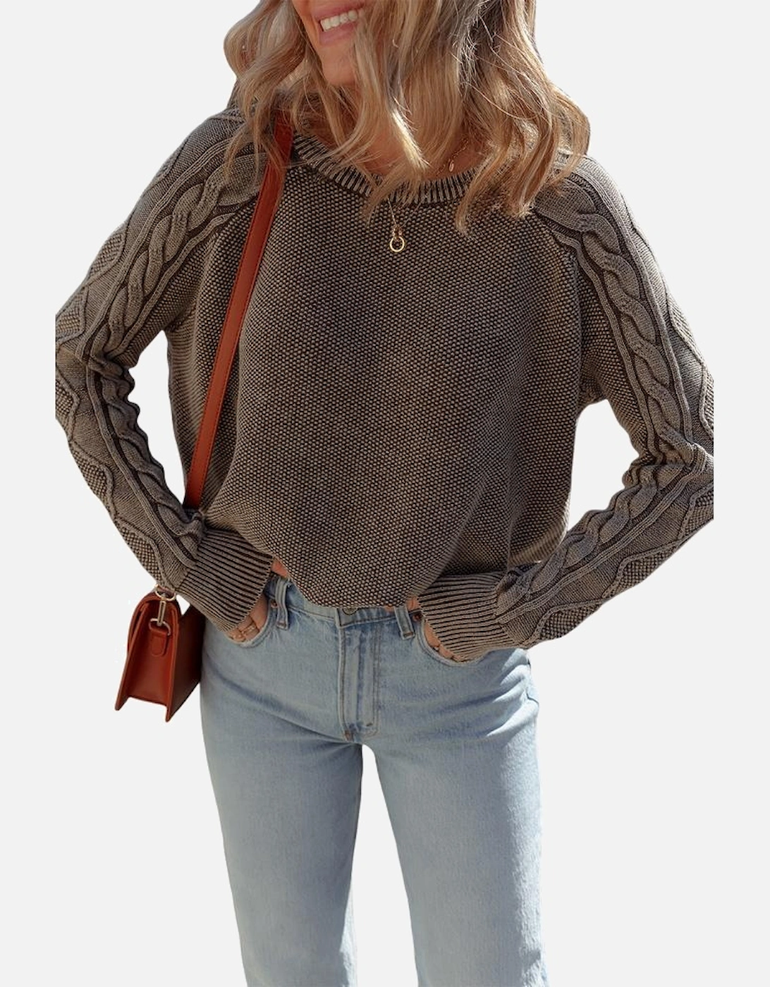 Dark Brown Contrast Cable Knit Sleeve Casual Sweater