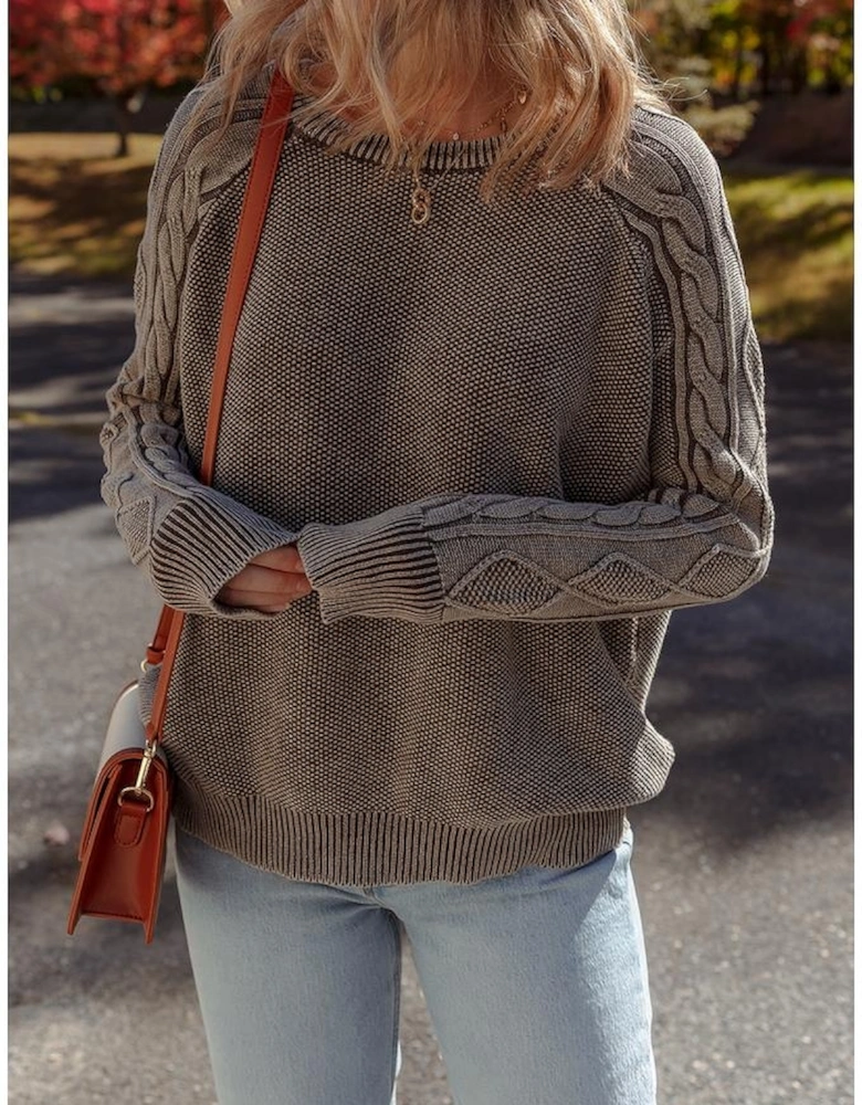 Dark Brown Contrast Cable Knit Sleeve Casual Sweater