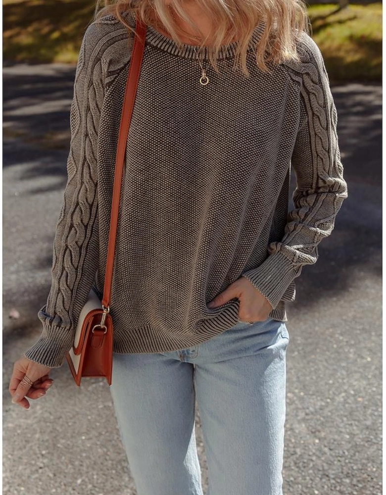 Dark Brown Contrast Cable Knit Sleeve Casual Sweater